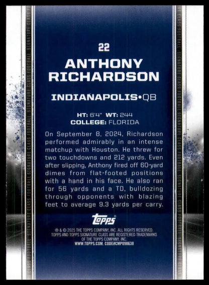 2024 Topps Signature Class Anthony Richardson #22 Indianapolis Colts Football - Football Card