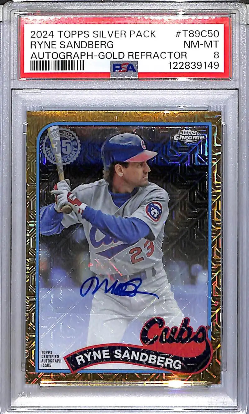2024 Topps Silver Pack Gold Mojo #T89C-50 Ryne Sandberg PSA 8 NM-MT Auto 12/50 Chicago Cubs