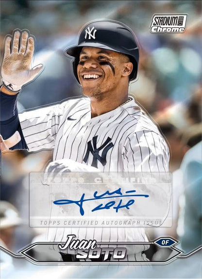 Juan Soto autographed baseball card from 2024 Topps Stadium Club Baseball Compact Box