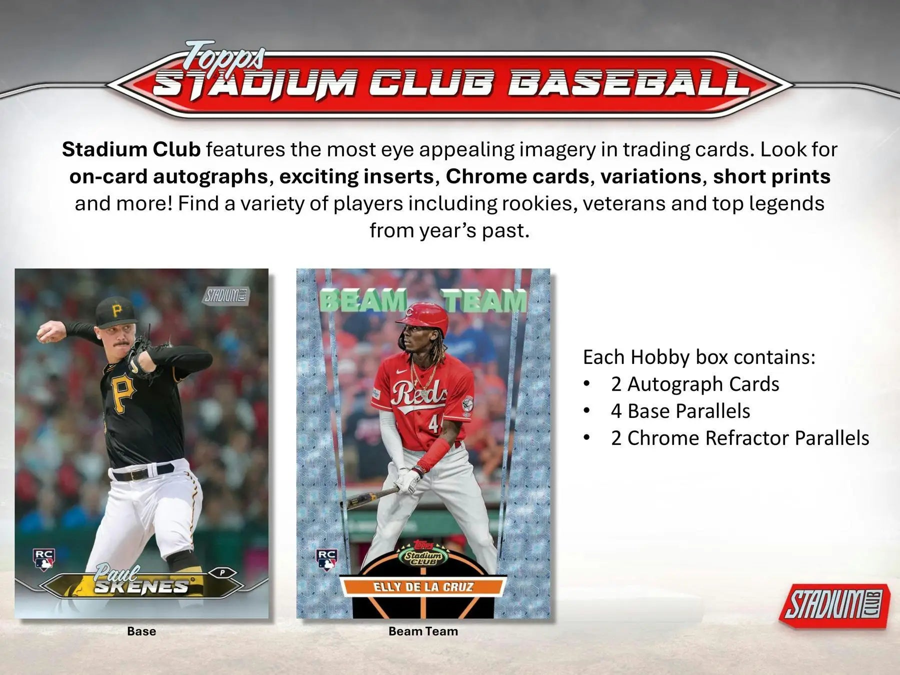 Advertisement for 2024 Topps Stadium Club Baseball Hobby Box featuring chrome base autographs