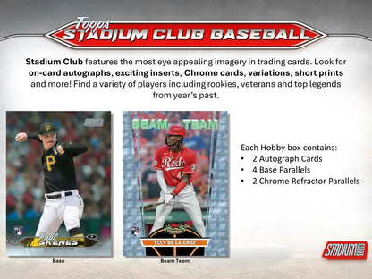 Advertisement for 2024 Topps Stadium Club Baseball Hobby Box featuring chrome base autographs