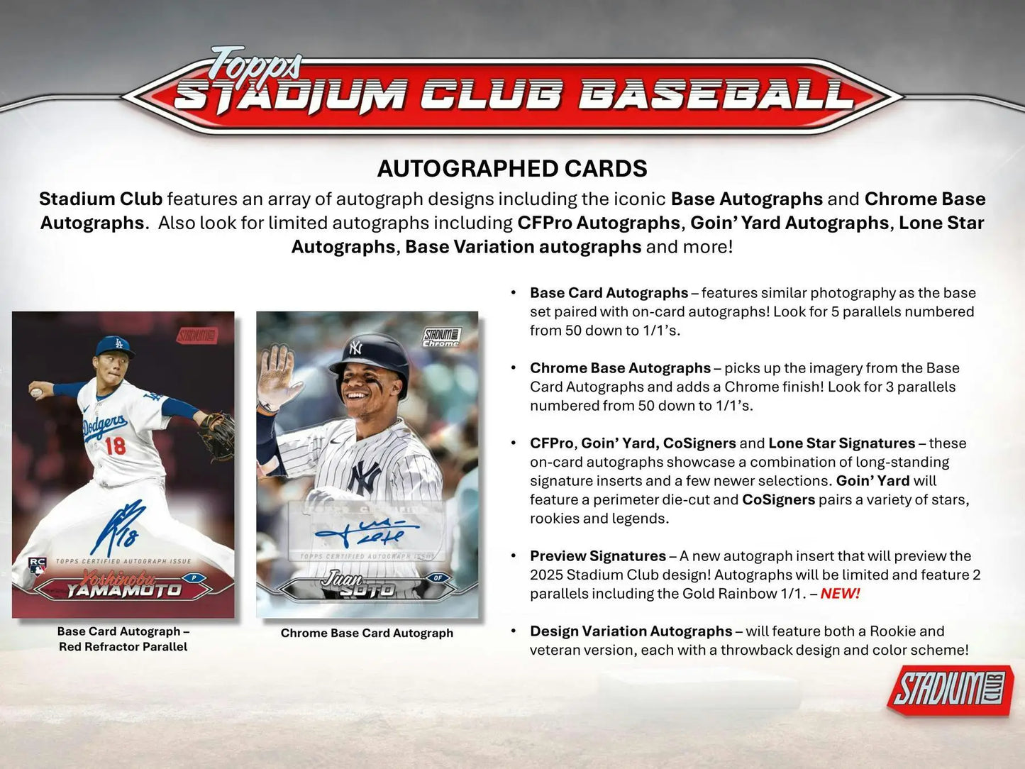 Marketing slide for 2024 Topps Stadium Club Baseball featuring chrome base autographs