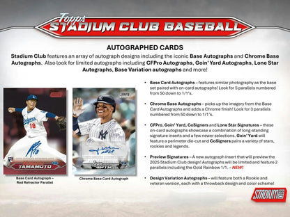 Marketing slide for 2024 Topps Stadium Club Baseball featuring chrome base autographs