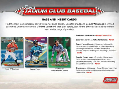 Marketing slide showcasing 2024 Topps Stadium Club Baseball card parallel designs