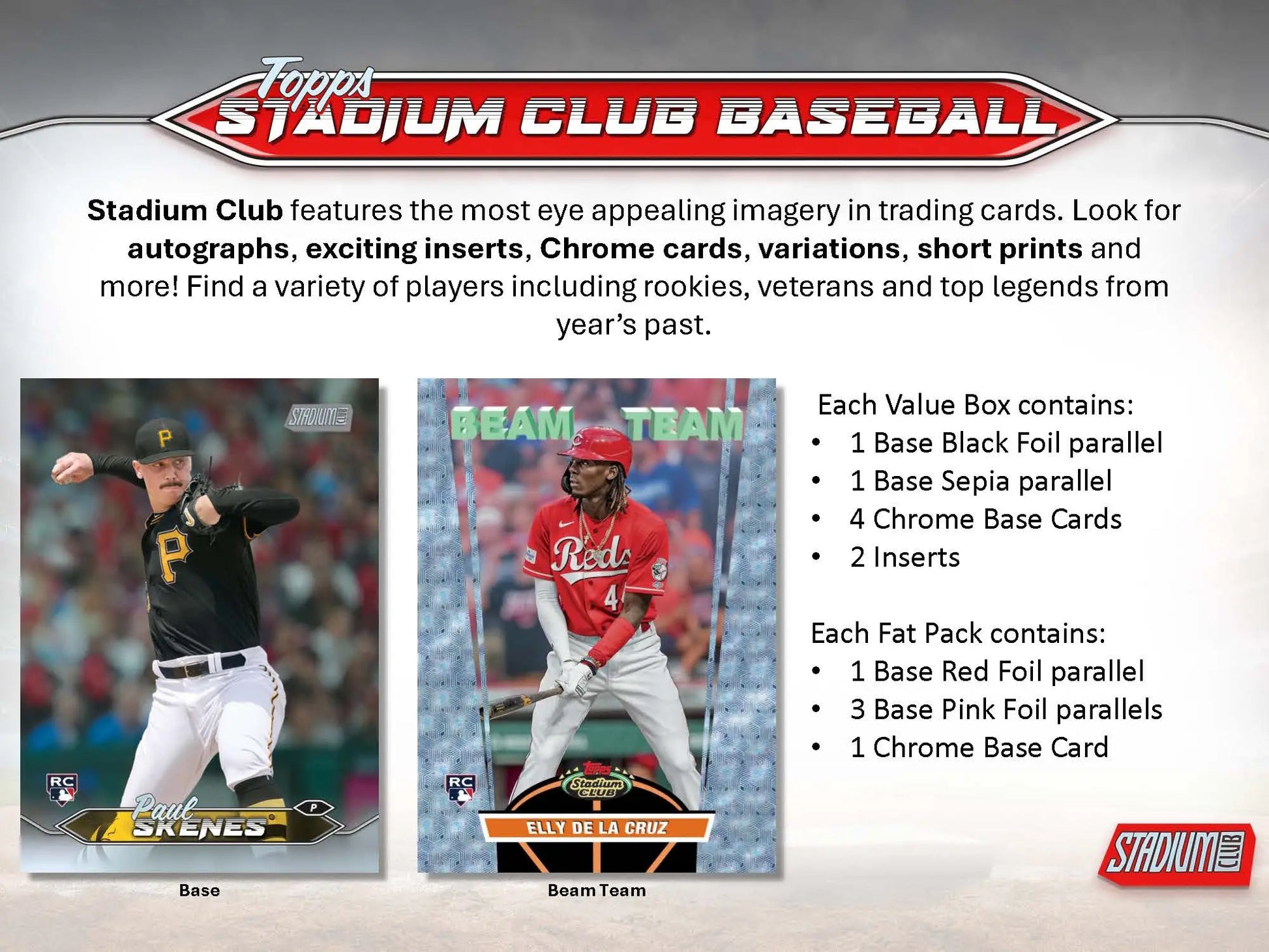 2024 Topps Stadium Club Baseball Value Box advertisement showcasing card designs and packs