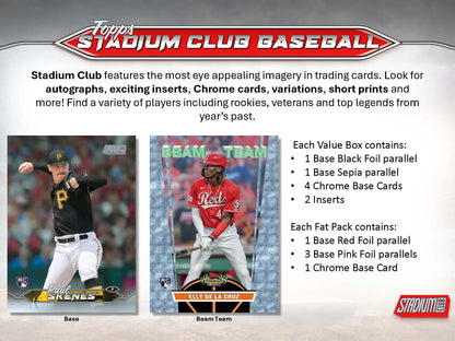 2024 Topps Stadium Club Baseball Value Box advertisement showcasing card designs and packs