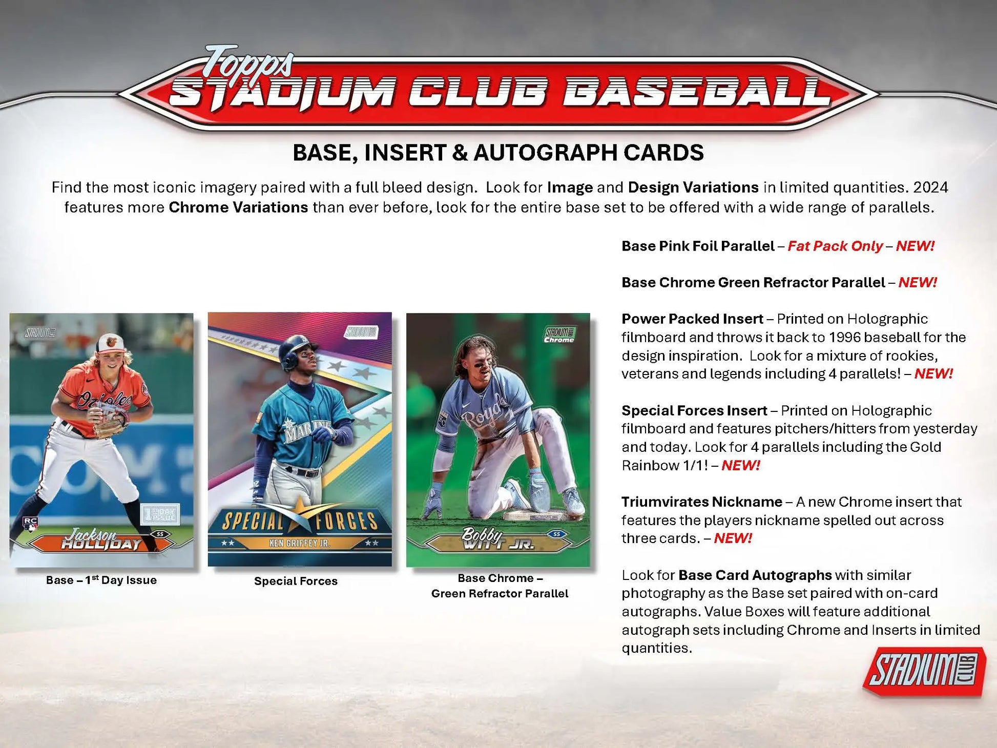 Advertisement for 2024 Topps Stadium Club Baseball cards featuring player card highlights