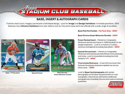Advertisement for 2024 Topps Stadium Club Baseball cards featuring player card highlights