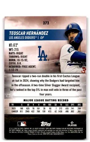 Baseball card back showing original gloss for 2024 Topps Stadium Club Pink Teoscar Hernandez