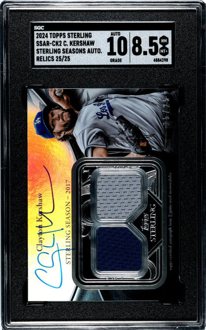Clayton Kershaw Los Angeles Dodgers trading card with jersey patches and autograph in case