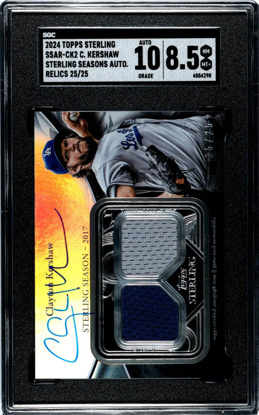 Clayton Kershaw Los Angeles Dodgers trading card with jersey patches and autograph in case