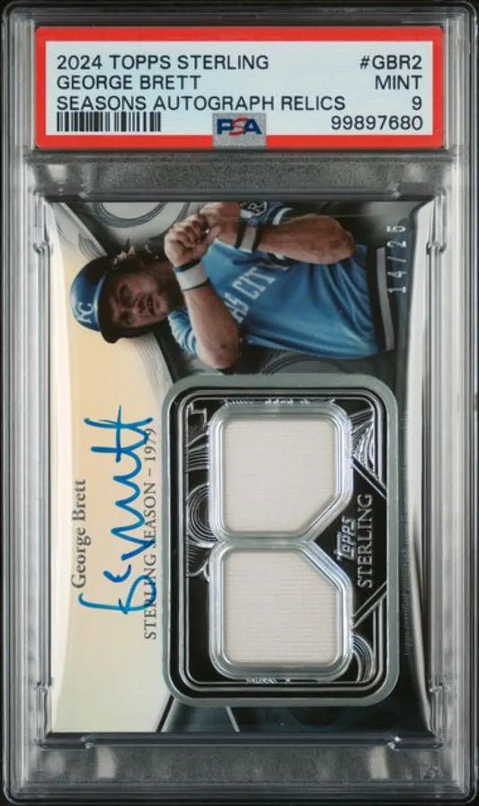 PSA-graded George Brett autographed baseball card with dual jersey patch relics, Kansas City Royals