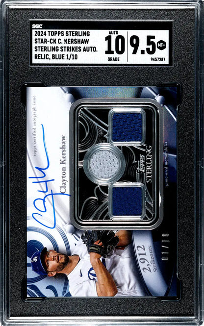Baseball trading card featuring Clayton Kershaw autograph and jersey swatches in black and silver design