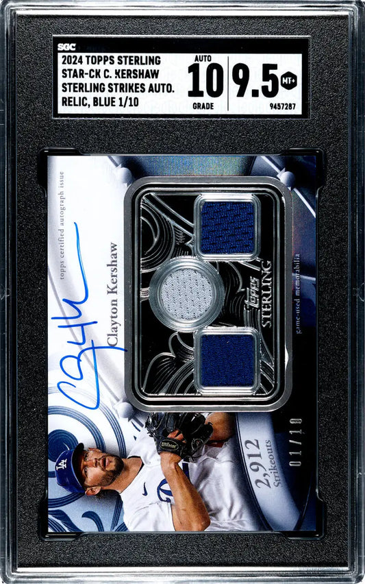 Baseball trading card featuring Clayton Kershaw autograph and jersey swatches in black and silver design