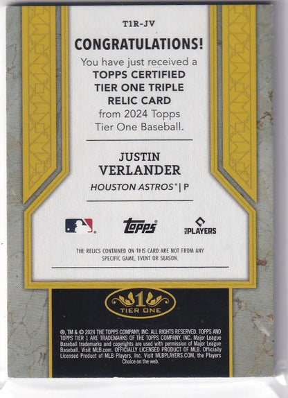 Back of a 2024 Topps Tier One Triple Relic Justin Verlander baseball card featuring Houston Astros