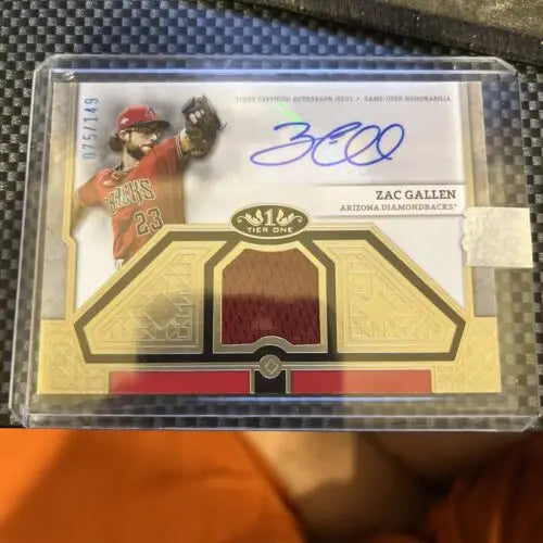 Zac Gallen autographed baseball card with jersey swatch from Topps Tier Arizona Diamondbacks