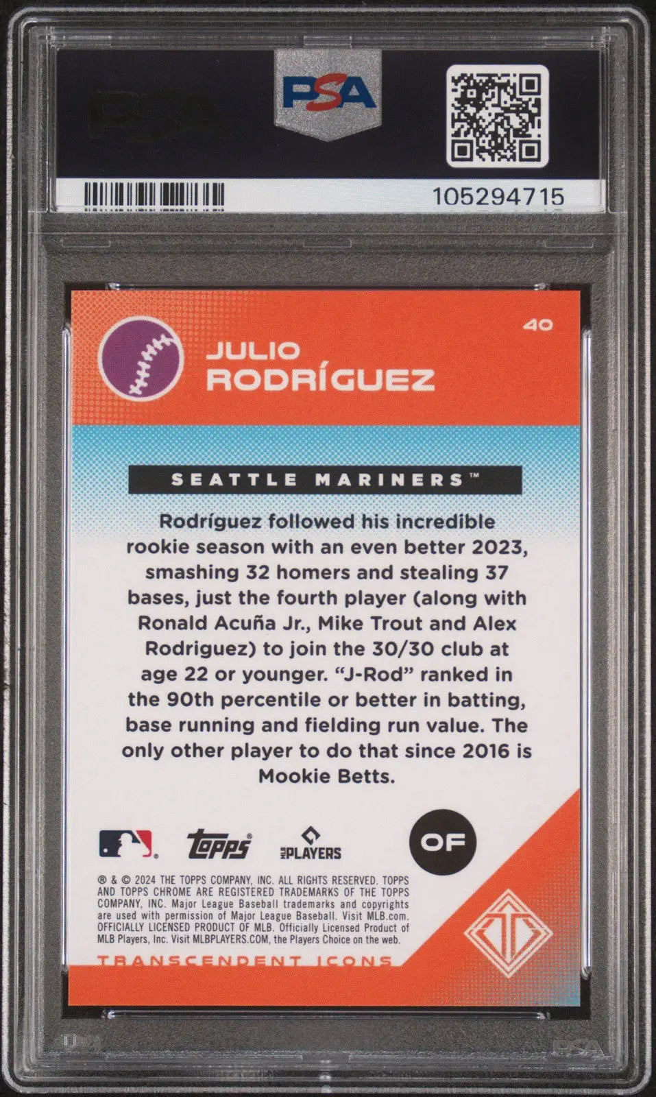 A graded Julio Rodriguez baseball card from the 2024 Topps Transcendent Collection