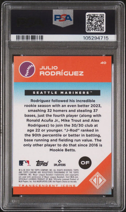 A graded Julio Rodriguez baseball card from the 2024 Topps Transcendent Collection