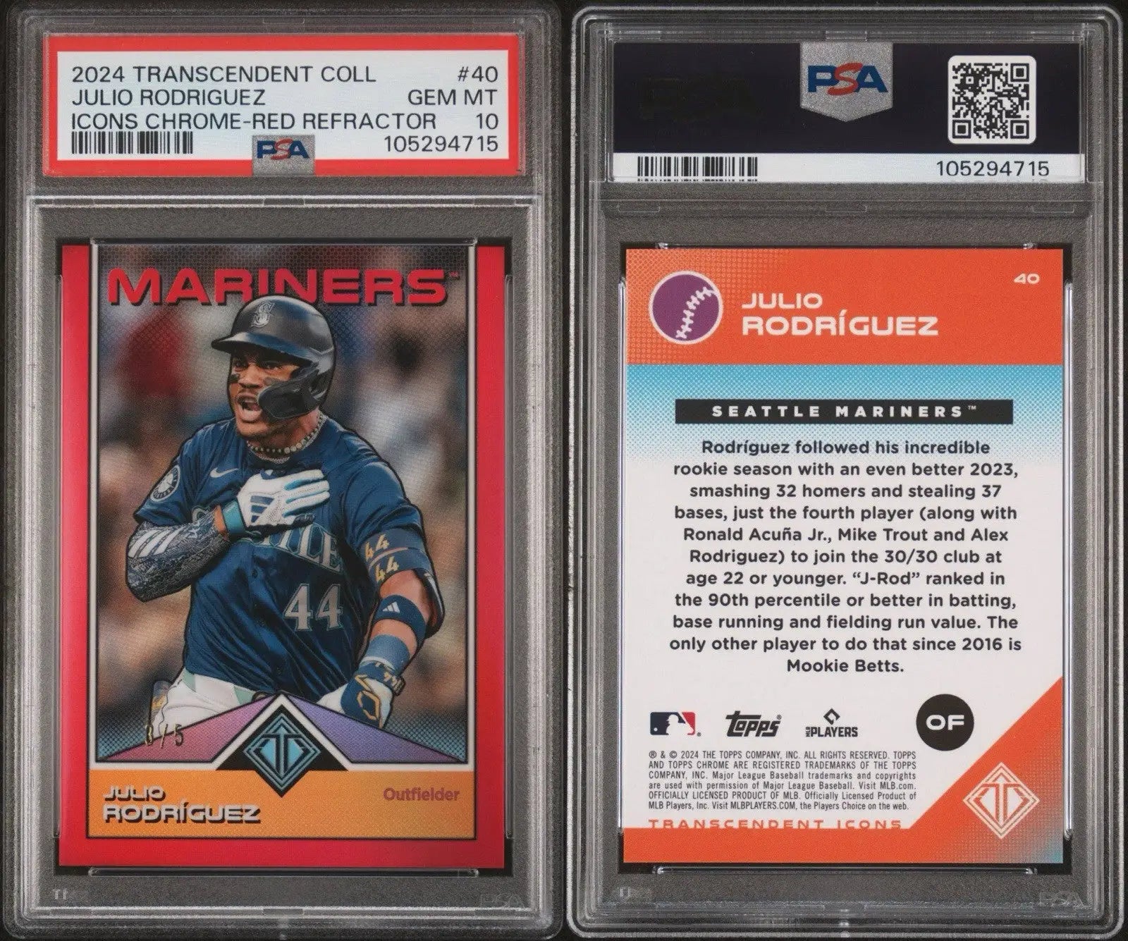 Graded Julio Rodriguez baseball trading card from 2024 Topps Transcendent Collection