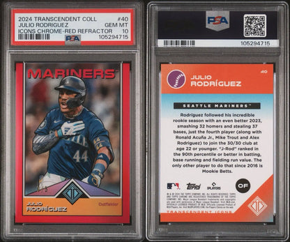Graded Julio Rodriguez baseball trading card from 2024 Topps Transcendent Collection