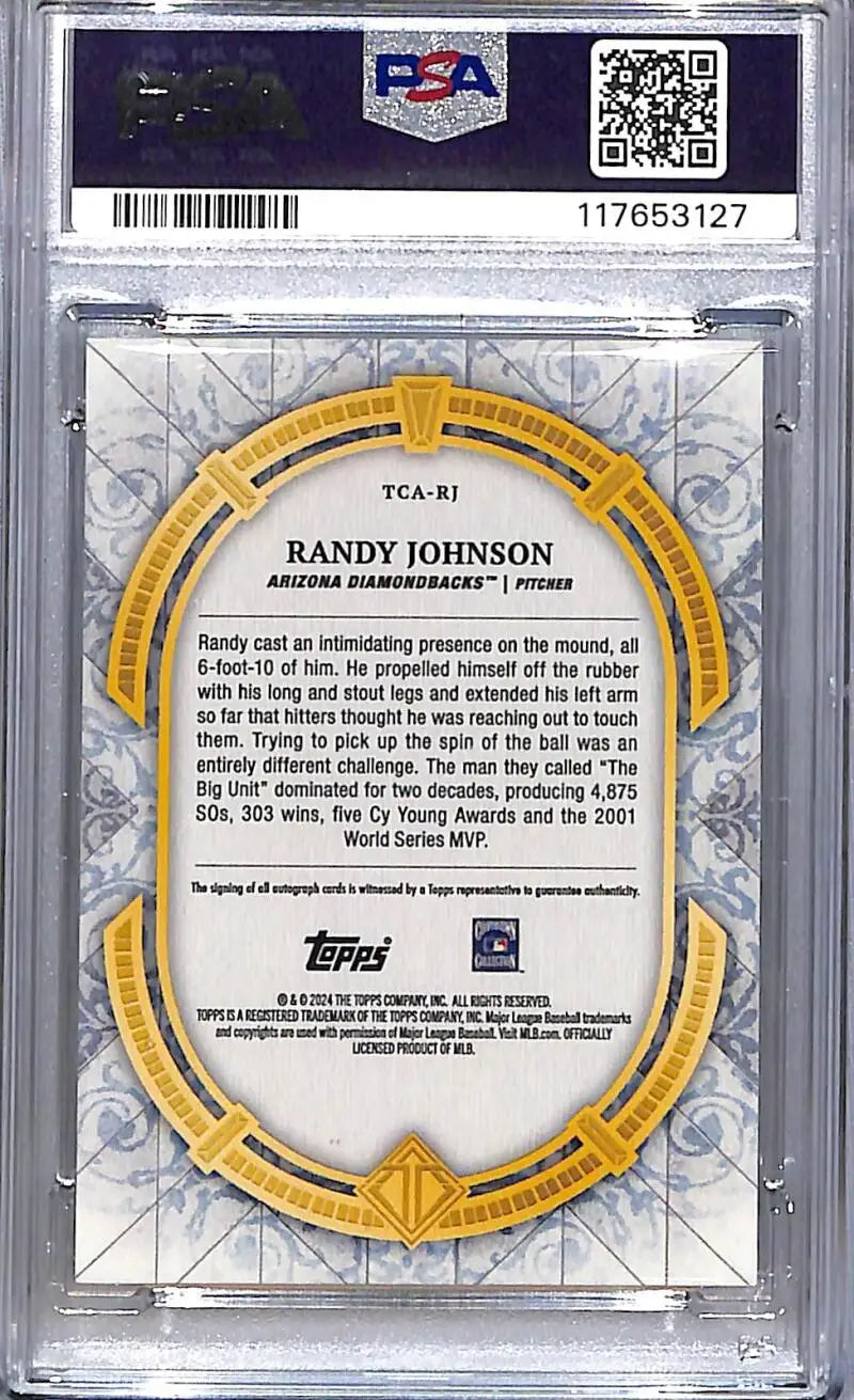 Graded Randy Johnson baseball card from 2024 Topps Transcendent Collection featuring Arizona Diamondbacks