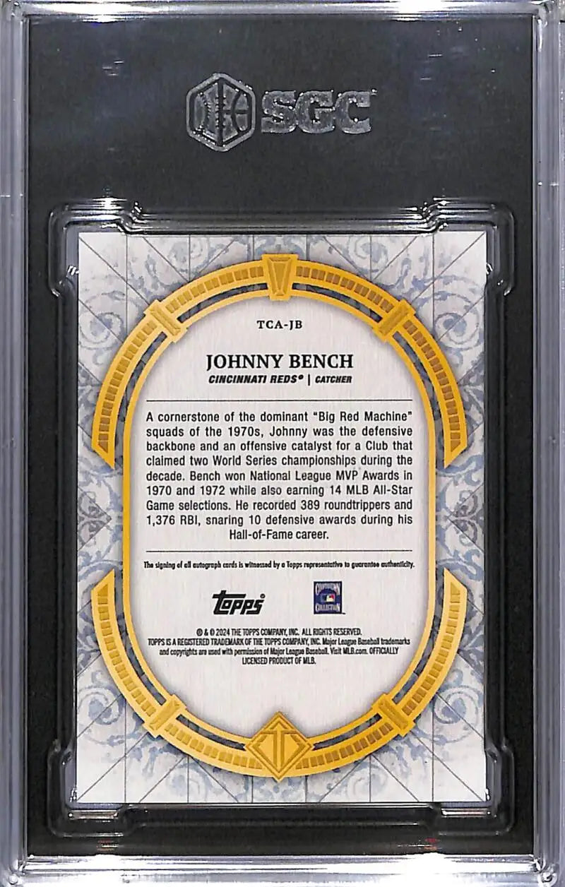 Johnny Bench baseball card with gem auto graded SGC 10 from 2024 Topps Transcendent