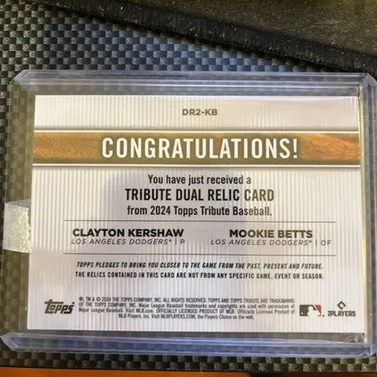 2024 Topps Tribute Dual Relic baseball trading card featuring Clayton Kershaw and Mookie Betts