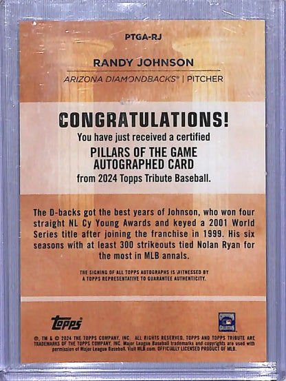 Congratulatory notice for Randy Johnson 2024 Topps Tribute Pillars of the Game card