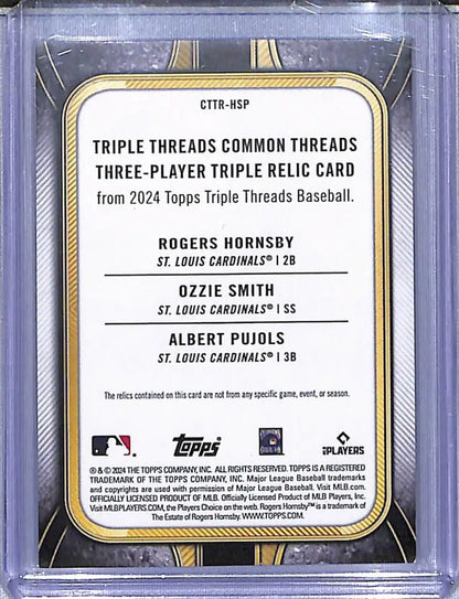Triple threads baseball card featuring Rogers Hornsby, Ozzie Smith, Albert Pujols from Topps Triple Threads