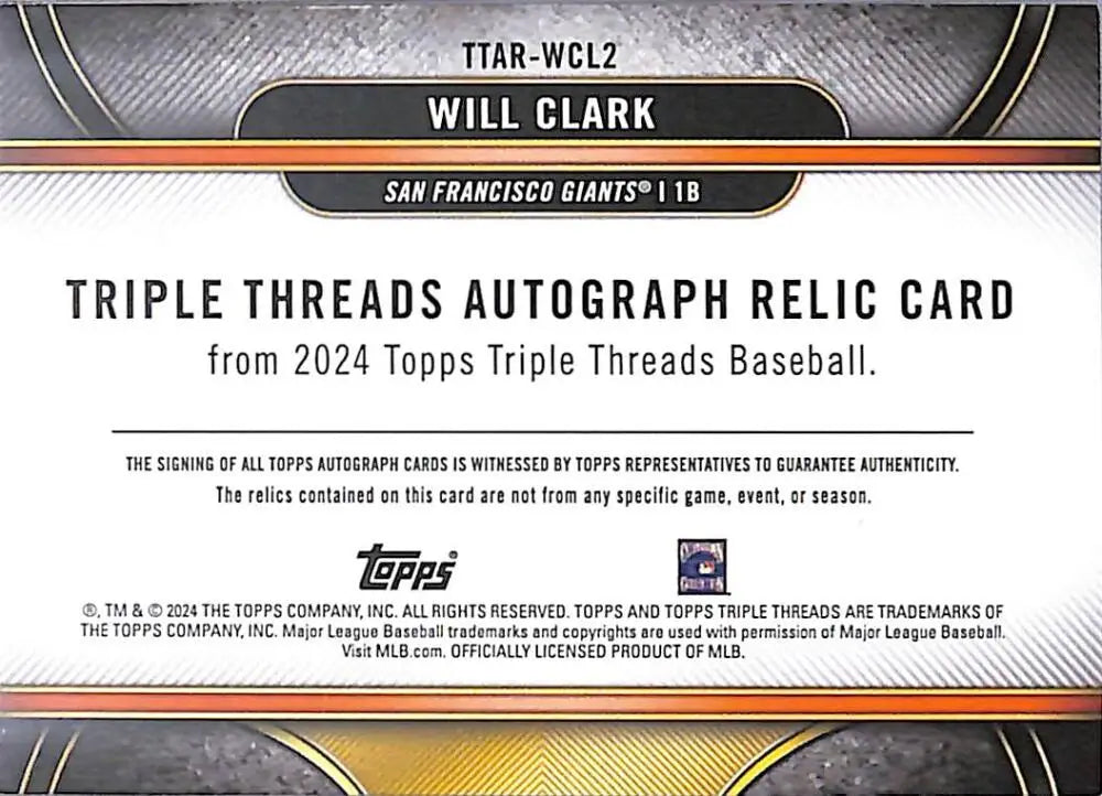 2024 Topps Triple Threads Will Clark San Francisco Giants autographed relic card