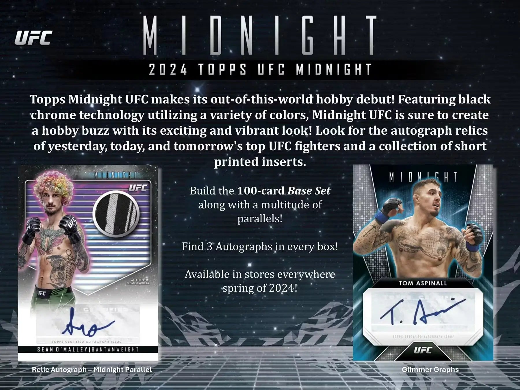 Advertisement for 2024 Topps UFC Midnight Hobby Box with black light chrome trading cards