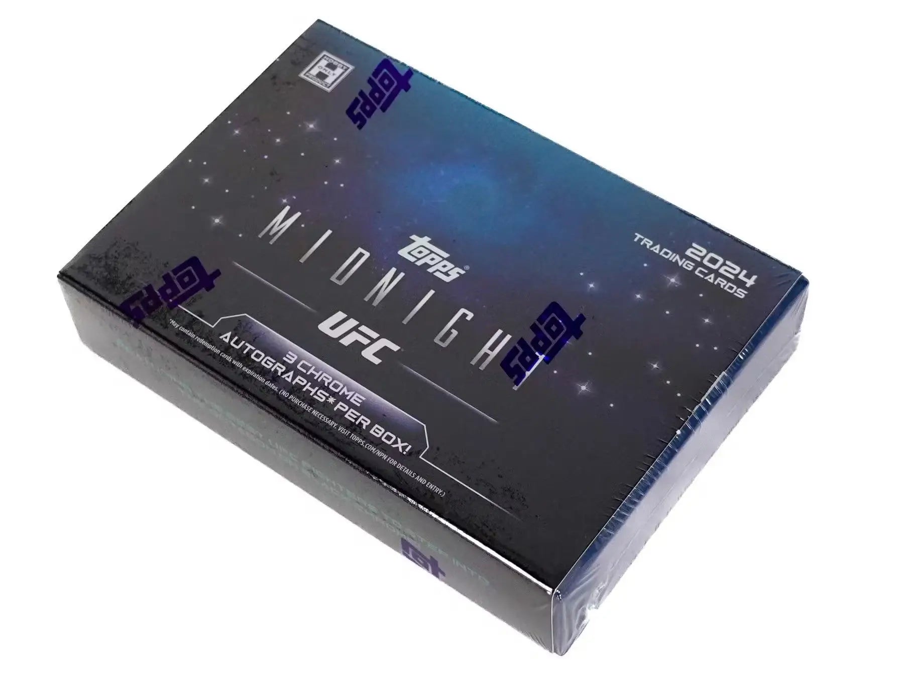 Black and blue Topps UFC Midnight Hobby Box featuring packs and twilight design