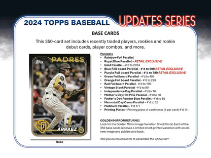 2024 Topps Update Series Baseball 7-Pack Blaster Box with blue parallel and relic cards