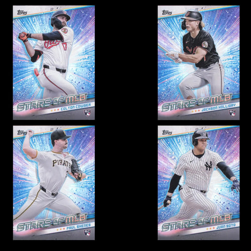 Four collectible baseball cards featuring MLB players from 2024 Topps Update Series Stars