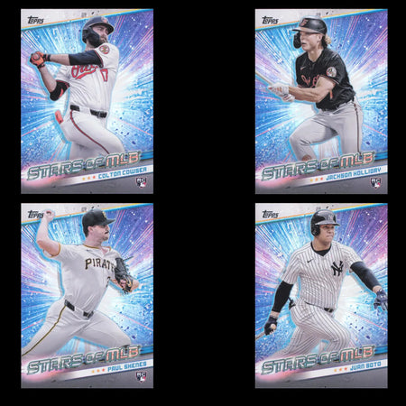 Four collectible baseball cards featuring MLB players from 2024 Topps Update Series Stars