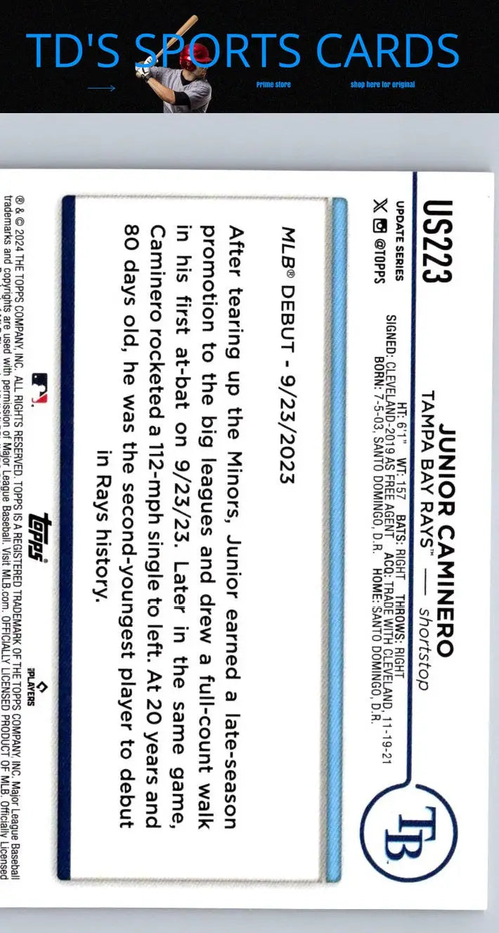 Junior Caminero baseball card from 2024 Topps Update US223 Junior Caminero set