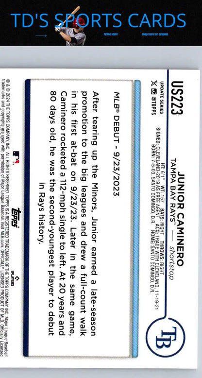Junior Caminero baseball card from 2024 Topps Update US223 Junior Caminero set