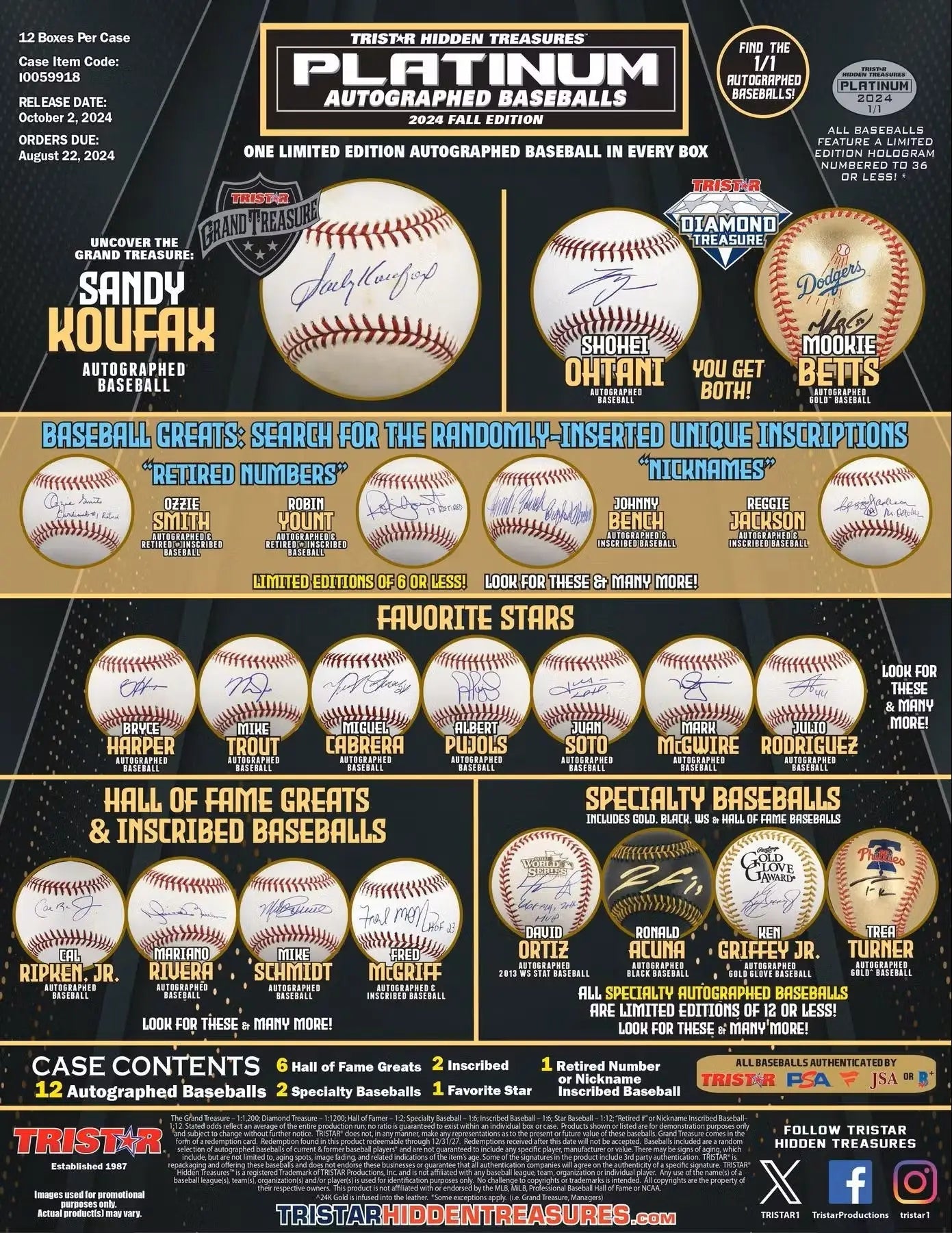Product advertisement featuring autographed baseballs from TriStar Hidden Treasures Platinum collection