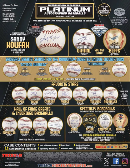 Product advertisement featuring autographed baseballs from TriStar Hidden Treasures Platinum collection