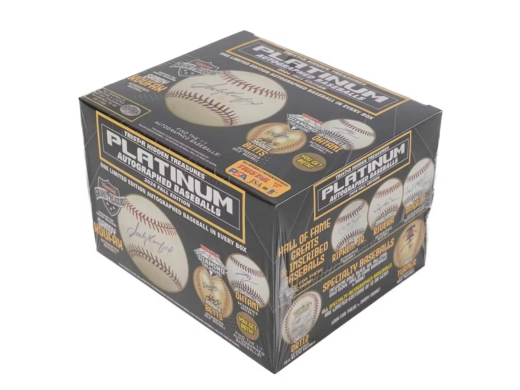 Black retail box of TriStar Hidden Treasures Platinum Autographed Baseballs with graphics