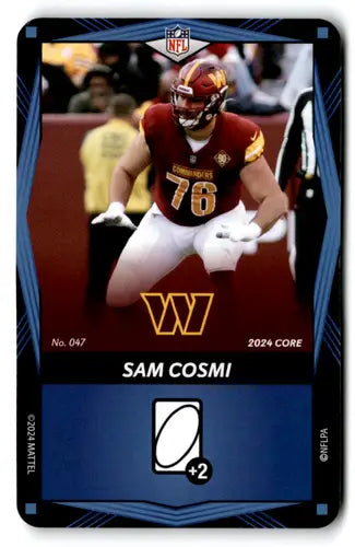NFL trading card featuring Sam Cosmi of Washington Commanders from UNO Elite Core Edition