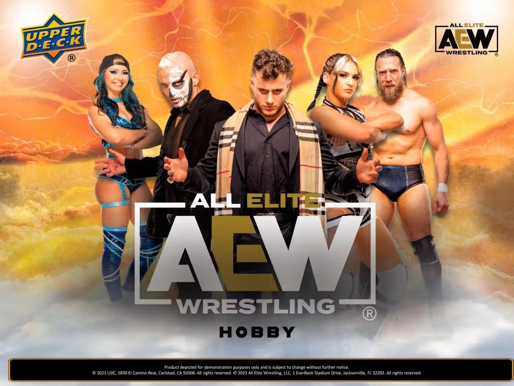Collectible wrestling cards from the 2024 Upper Deck AEW base set in a hobby box