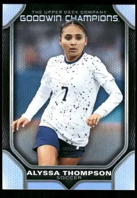 Collectible trading card featuring female soccer player Alyssa Thompson in white jersey from Goodwin Champions