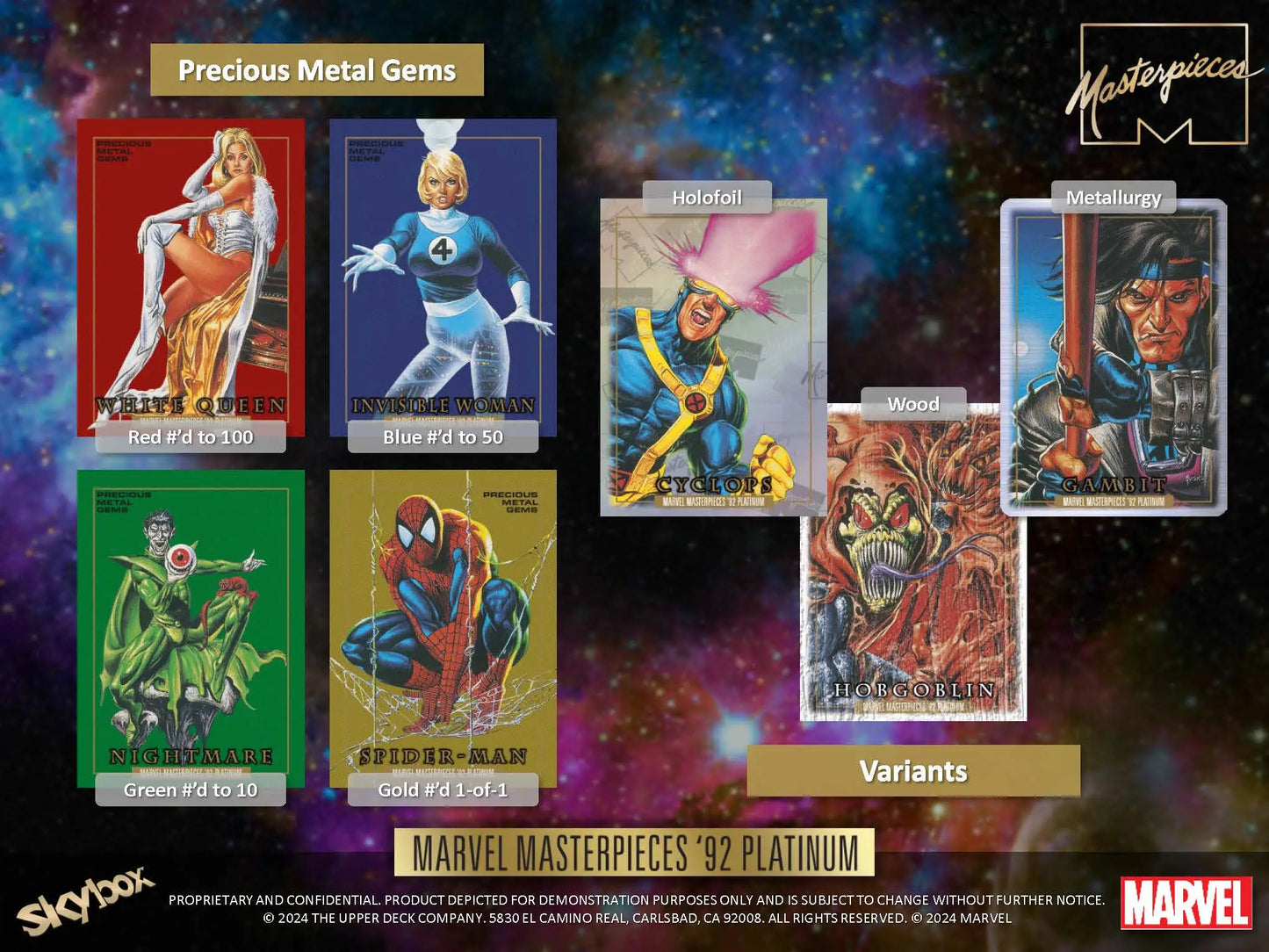 Visual of rare Marvel Masterpieces 92 Platinum trading card variants from Upper Deck Marvel