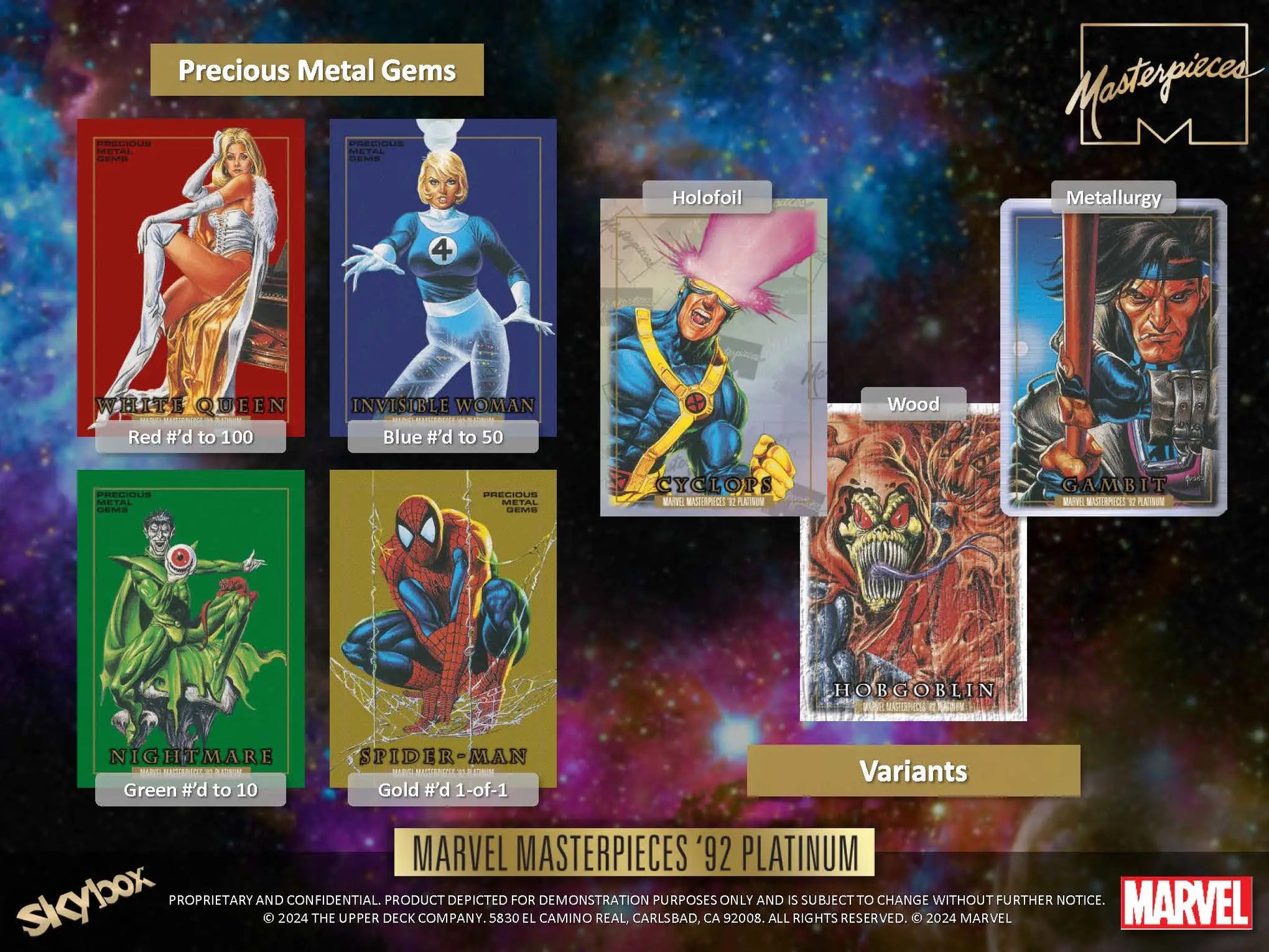 Visual of rare Marvel Masterpieces 92 Platinum trading card variants from Upper Deck Marvel