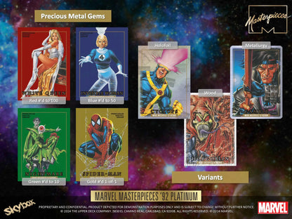 Visual of rare Marvel Masterpieces 92 Platinum trading card variants from Upper Deck Marvel