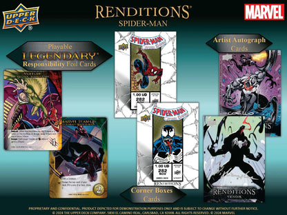 Promotional display for Marvel Renditions Spider-Man trading cards in 2024 Upper Deck Hobby Box