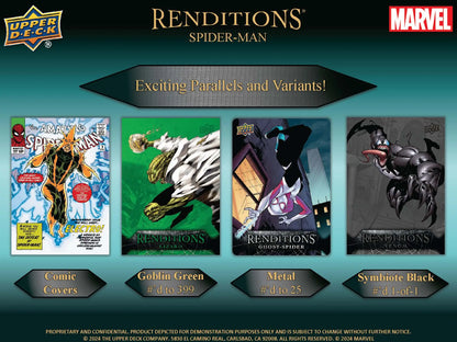 Promotional display for Marvel Renditions Spider-Man trading cards in 2024 Upper Deck box