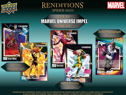 Promotional poster for Marvel Renditions Spider-Man trading cards in 2024 Upper Deck box