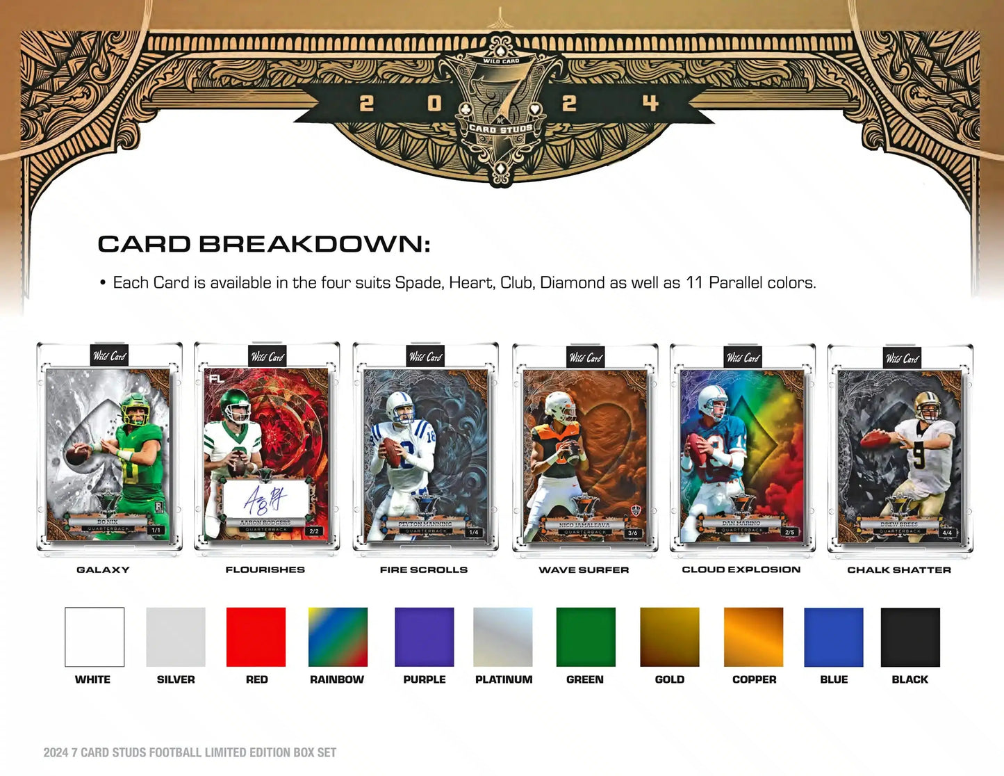 Football card collection featuring 2024 Wild Card 7 Card Studs Metal All Quarterback Edition
